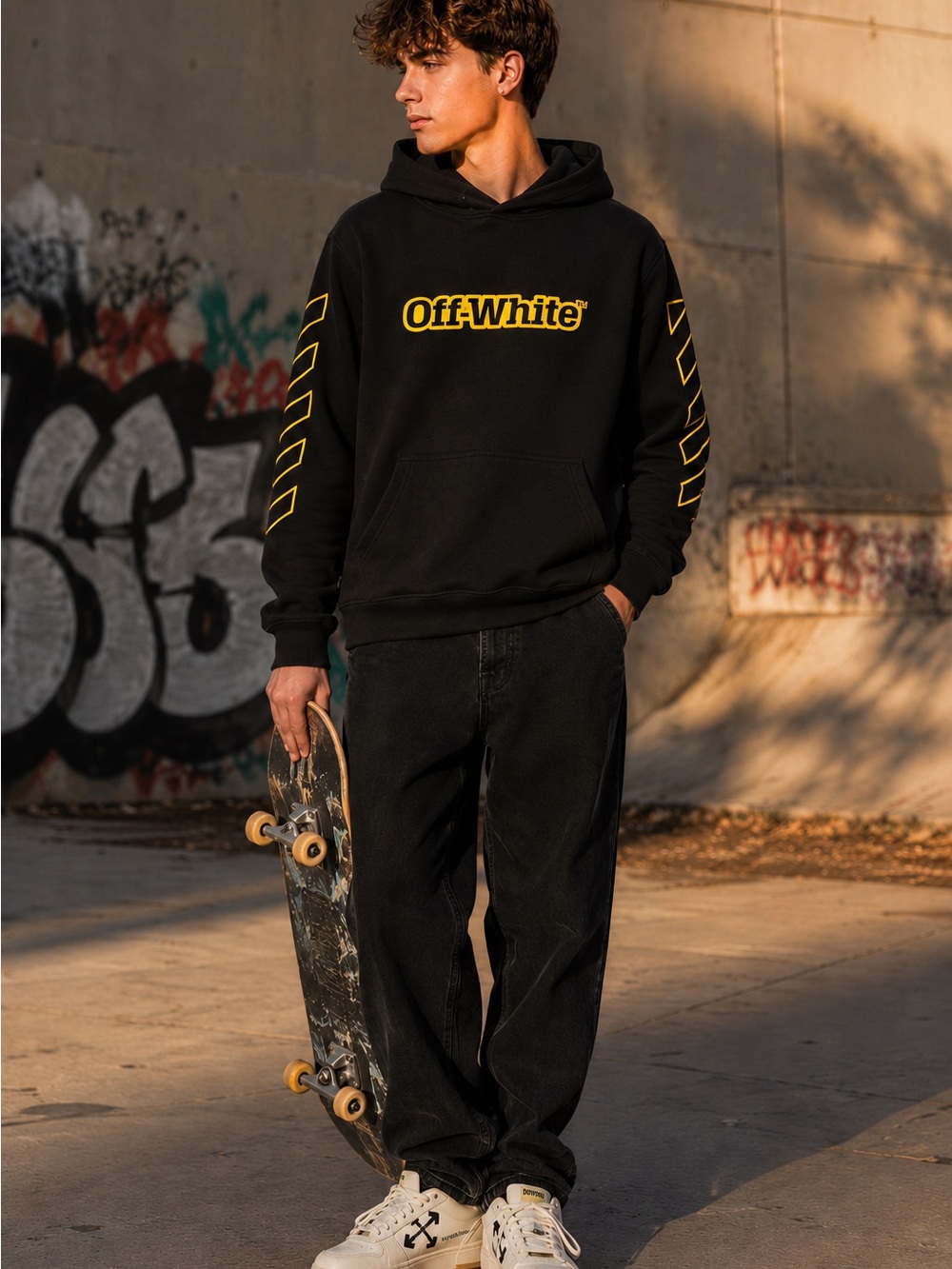 Off-White Kids Black Hoodie with Yellow Logo and Sleeve Chevron